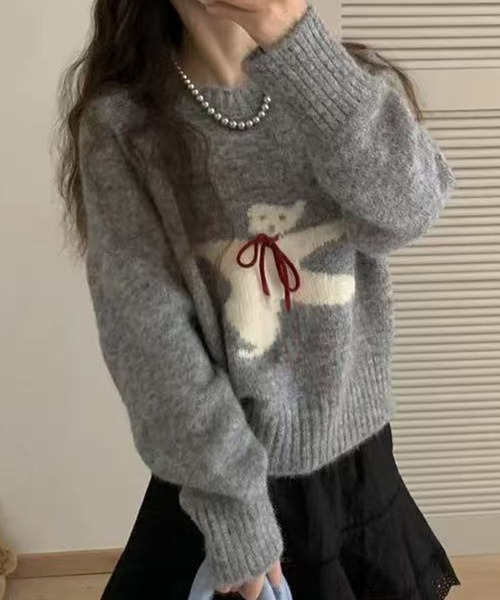 c.u.l（シーユーエル）の「レトロ テディ―ベアシルエット ニット セーター culw850（ニット/セーター・レディース・ベージュ/ダークグレー/レッド/ライトグリーン/グレー・FREE）」の2枚目の写真