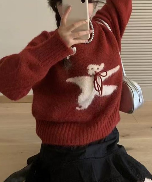 c.u.l（シーユーエル）の「レトロ テディ―ベアシルエット ニット セーター culw850（ニット/セーター・レディース・ベージュ/ダークグレー/レッド/ライトグリーン/グレー・FREE）」の5枚目の写真