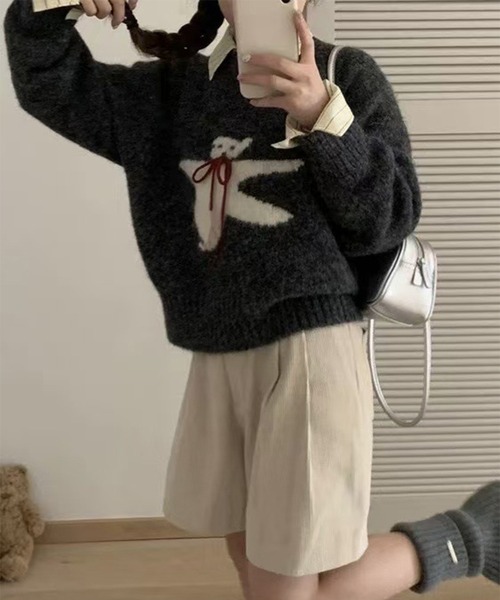 c.u.l（シーユーエル）の「レトロ テディ―ベアシルエット ニット セーター culw850（ニット/セーター・レディース・ベージュ/ダークグレー/レッド/ライトグリーン/グレー・FREE）」の3枚目の写真