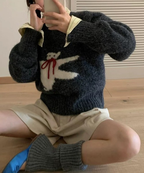 c.u.l（シーユーエル）の「レトロ テディ―ベアシルエット ニット セーター culw850（ニット/セーター・レディース・ベージュ/ダークグレー/レッド/ライトグリーン/グレー・FREE）」の6枚目の写真