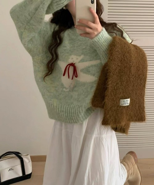 c.u.l（シーユーエル）の「レトロ テディ―ベアシルエット ニット セーター culw850（ニット/セーター・レディース・ベージュ/ダークグレー/レッド/ライトグリーン/グレー・FREE）」の8枚目の写真