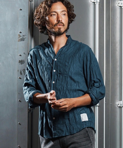 wjk reluxe（ダブルジェーケーリラックス）の「ms6195-wrinkle band collar flannel shirts ネルシャツ(WR25W-15)（シャツ/ブラウス・メンズ・ダークブラウン/ホワイト/ネイビー・L/M/S）」の3枚目の写真