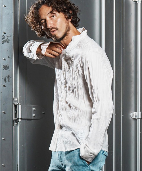 wjk reluxe（ダブルジェーケーリラックス）の「ms6195-wrinkle band collar flannel shirts ネルシャツ(WR25W-15)（シャツ/ブラウス・メンズ・ダークブラウン/ホワイト/ネイビー・L/M/S）」の2枚目の写真