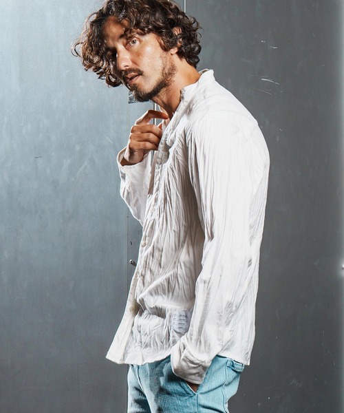 wjk reluxe（ダブルジェーケーリラックス）の「ms6195-wrinkle band collar flannel shirts ネルシャツ(WR25W-15)（シャツ/ブラウス・メンズ・ダークブラウン/ホワイト/ネイビー・L/M/S）」の5枚目の写真