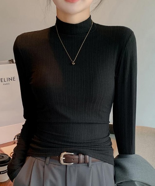 cammie(キャミー)の「ハイネックリブトップス(Tシャツ/カットソー・レディース・ダークグレー/ライトグレー/ホワイト/オリーブ/ブラック・LARGE/MEDIUM)」の2枚目の写真