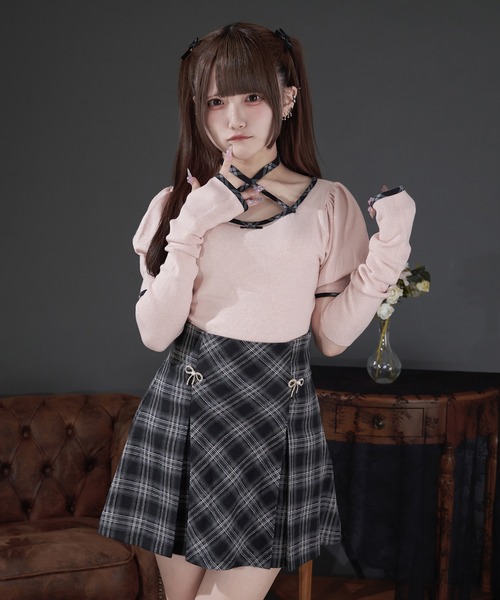 Pal elfy(パルエルフィー)の「リボンビジュー付きタックミニスカート(スカート・レディース・ボルドー/ブラック系その他・LARGE/フリー)」の7枚目の写真