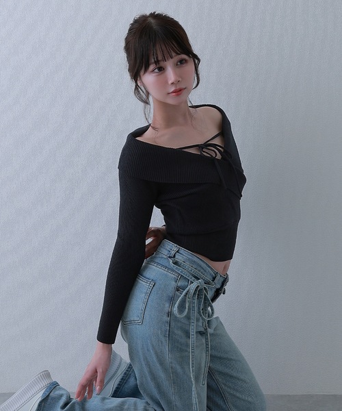 M DOLLY(エムドリー)の「amore ribbon knit tops/アモーレリボンニットトップス(ニット/セーター・レディース・ブラック/ピンク・FREE)」の6枚目の写真