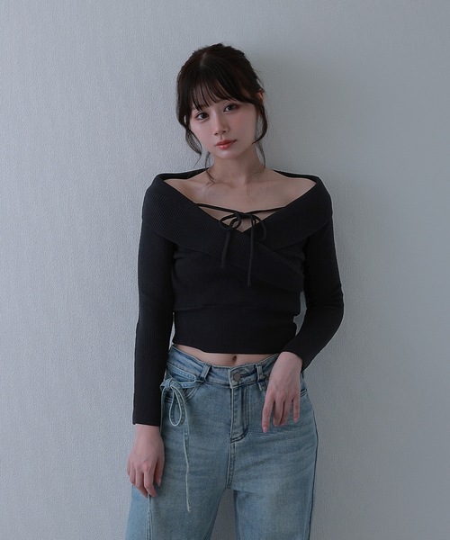 M DOLLY(エムドリー)の「amore ribbon knit tops/アモーレリボンニットトップス(ニット/セーター・レディース・ブラック/ピンク・FREE)」の7枚目の写真