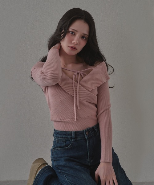 M DOLLY(エムドリー)の「amore ribbon knit tops/アモーレリボンニットトップス(ニット/セーター・レディース・ブラック/ピンク・FREE)」の9枚目の写真