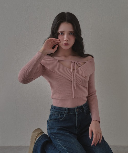 M DOLLY(エムドリー)の「amore ribbon knit tops/アモーレリボンニットトップス(ニット/セーター・レディース・ブラック/ピンク・FREE)」の10枚目の写真