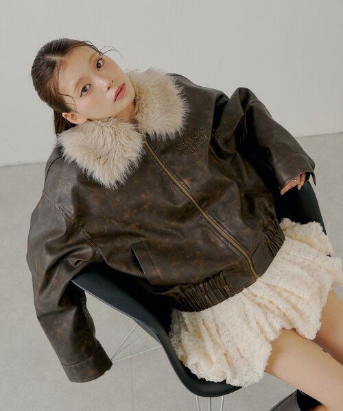 chico フェイクレザールーズジップブルゾン ファー取り外し可能】フェイクレザールーズジップブルゾン