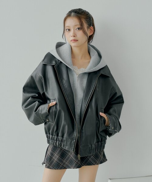 ファー取り外し可能】フェイクレザールーズジップブルゾン（ブルゾン
