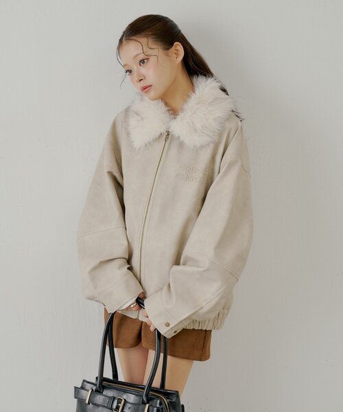 ファー取り外し可能】フェイクレザールーズジップブルゾン