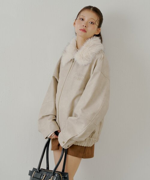 M 新品 Chico ファー取り外し可能 フェイクレザールーズジップブルゾン ファー取り外し可能】フェイクレザールーズジップブルゾン（ブルゾン