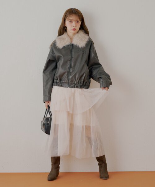 chico フェイクレザールーズジップブルゾン ファー取り外し可能】フェイクレザールーズジップブルゾン