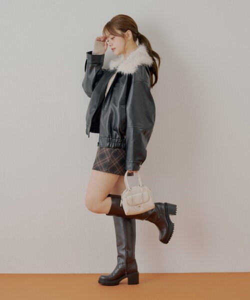 ファー取り外し可能】フェイクレザールーズジップブルゾン（ブルゾン