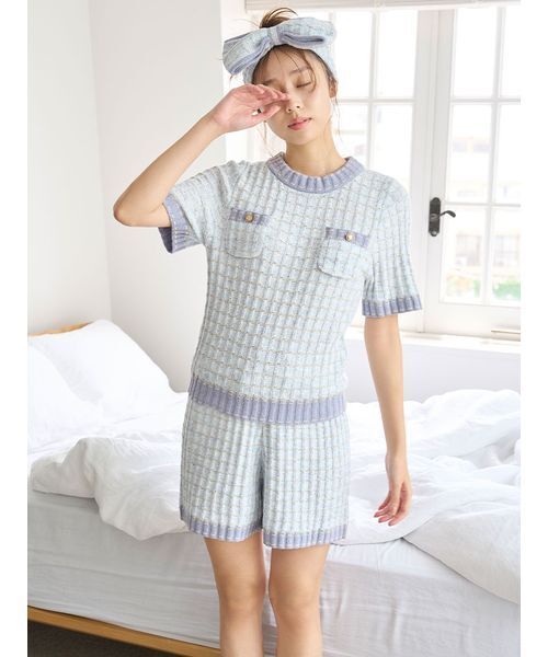 SNIDEL HOME(スナイデルホーム)の「ラメニットツイードショートパンツ(ルームウェア/パジャマ・レディース・ピンク/オフホワイト/ライトブルー・F)」の1枚目の写真