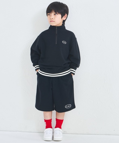 pairmanon(ペアマノン)の「【サラッとスウェット】ユニセックス 刺繍入り ハーフジップ&ハーフパンツ セットアップ(セットアップ・キッズ・オレンジ系その他/ブラック/グレー・90/100/110/120/130/140/150)」の1枚目の写真