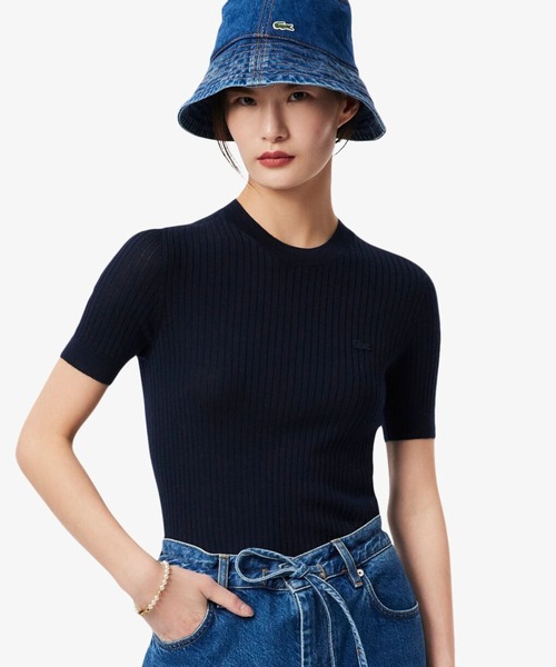 LACOSTE(ラコステ)の「3Dニッティングショートスリーブメリノウール ハイゲージニットセーター(ニット/セーター・レディース・ダークグリーン/ネイビー・36/34/40/38)」の3枚目の写真
