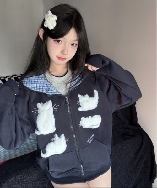 セール】Y2K レトロチェック柄フード付きジップパーカー/韓国っぽゆる