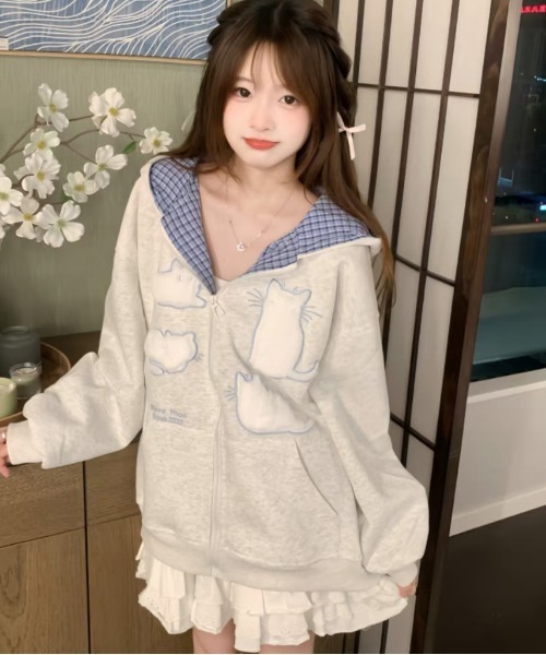 gossip!ロサンゼルス(ゴシップロサンゼルス)の「Y2K レトロチェック柄フード付きジップパーカー/韓国っぽゆるシルエット(パーカー・レディース・ネイビー/グレー・FREE)」の2枚目の写真