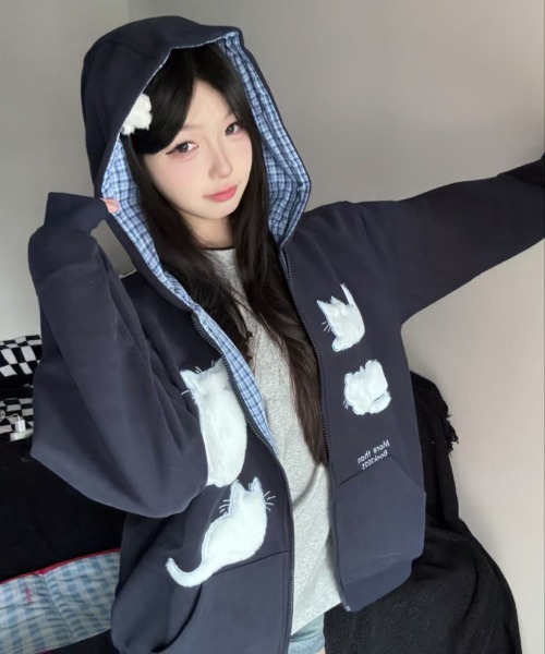 gossip!ロサンゼルス(ゴシップロサンゼルス)の「Y2K レトロチェック柄フード付きジップパーカー/韓国っぽゆるシルエット(パーカー・レディース・ネイビー/グレー・FREE)」の9枚目の写真