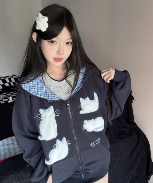 gossip!ロサンゼルス(ゴシップロサンゼルス)の「Y2K レトロチェック柄フード付きジップパーカー/韓国っぽゆるシルエット(パーカー・レディース・ネイビー/グレー・FREE)」の11枚目の写真