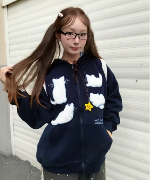 gossip!ロサンゼルス(ゴシップロサンゼルス)の「Y2K レトロチェック柄フード付きジップパーカー/韓国っぽゆるシルエット(パーカー・レディース・ネイビー/グレー・FREE)」の5枚目の写真