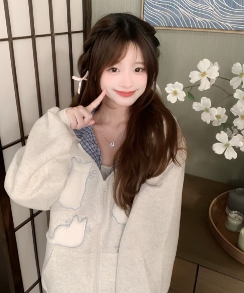 gossip!ロサンゼルス(ゴシップロサンゼルス)の「Y2K レトロチェック柄フード付きジップパーカー/韓国っぽゆるシルエット(パーカー・レディース・ネイビー/グレー・FREE)」の16枚目の写真