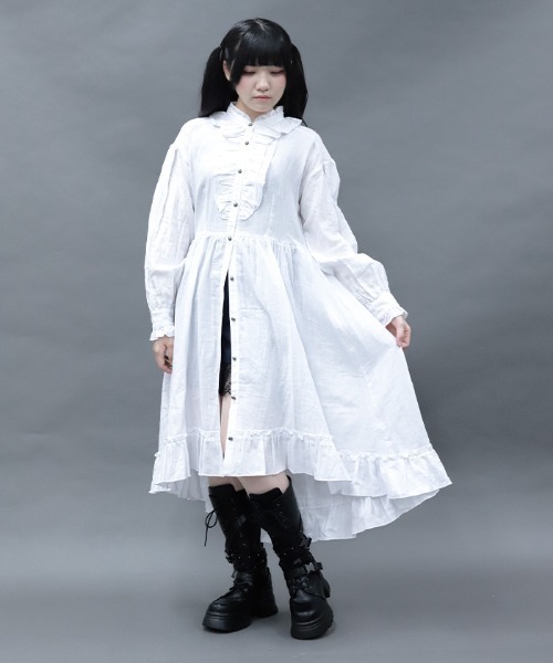 ホワイト　ワンピース セール】ガーゼフリルシャツワンピース（ワンピース）｜NIBBLE POISON