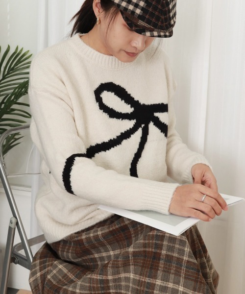 Miniministore（ミニミニストア）の「リボン柄ニット セーター プルオーバー（ニット/セーター・レディース・オフホワイト/グレー・FREE）」の2枚目の写真