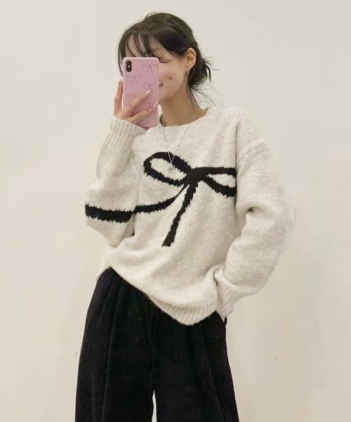 Miniministore（ミニミニストア）の「リボン柄ニット セーター プルオーバー（ニット/セーター・レディース・オフホワイト/グレー・FREE）」の3枚目の写真