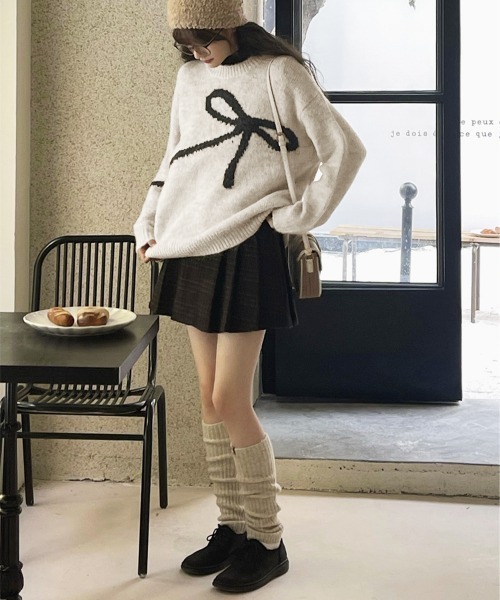Miniministore（ミニミニストア）の「リボン柄ニット セーター プルオーバー（ニット/セーター・レディース・オフホワイト/グレー・FREE）」の4枚目の写真