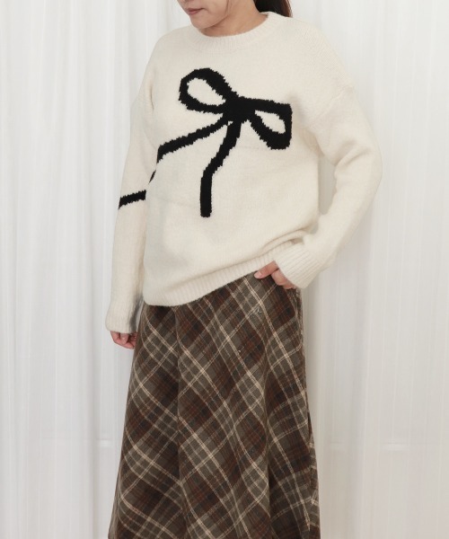 Miniministore（ミニミニストア）の「リボン柄ニット セーター プルオーバー（ニット/セーター・レディース・オフホワイト/グレー・FREE）」の9枚目の写真