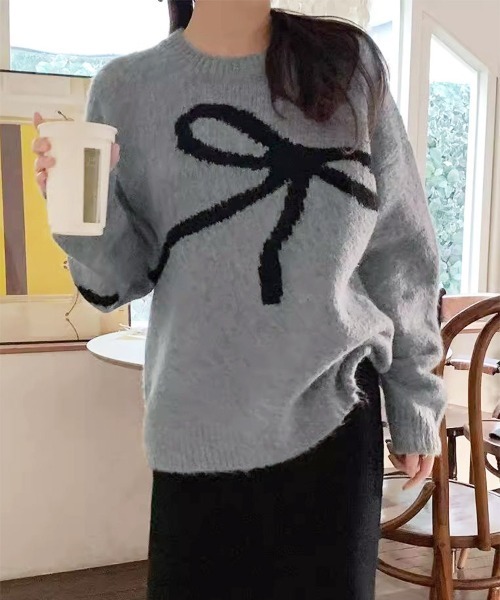 Miniministore（ミニミニストア）の「リボン柄ニット セーター プルオーバー（ニット/セーター・レディース・オフホワイト/グレー・FREE）」の10枚目の写真