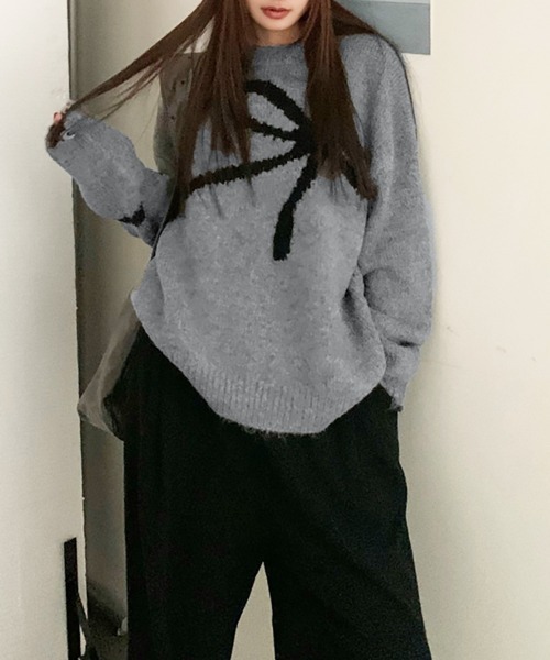 Miniministore（ミニミニストア）の「リボン柄ニット セーター プルオーバー（ニット/セーター・レディース・オフホワイト/グレー・FREE）」の11枚目の写真