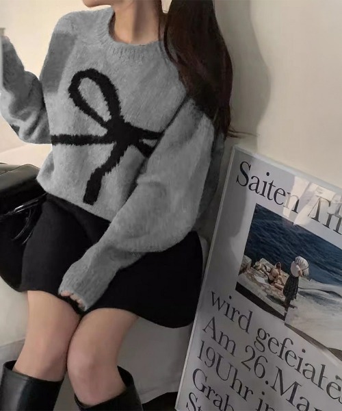 Miniministore（ミニミニストア）の「リボン柄ニット セーター プルオーバー（ニット/セーター・レディース・オフホワイト/グレー・FREE）」の15枚目の写真