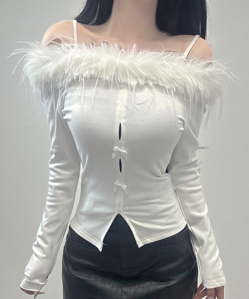 FOLLOWIN(フォロウィン)の「【前後2WAY】フェザーコルセットロングスリーブ(Tシャツ/カットソー・レディース・ブラック/ホワイト・FREE)」の7枚目の写真