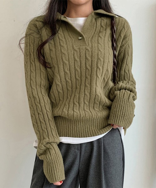 ONEP STAR(ワンピスター)の「Vネックケーブル編みニットトップス(ニット/セーター・レディース・オリーブ/ベージュ/ネイビー・FREE)」の6枚目の写真