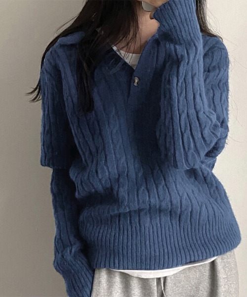ONEP STAR(ワンピスター)の「Vネックケーブル編みニットトップス(ニット/セーター・レディース・オリーブ/ベージュ/ネイビー・FREE)」の17枚目の写真