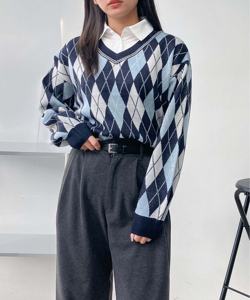 aya様 チェックシャツドッキングニット アプワイザー・リッシェ Apuweiser-riche チェックシャツドッキング