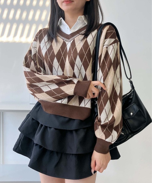 セール】♪シャツドッキング Vネック アーガイル柄ニットプルオーバー
