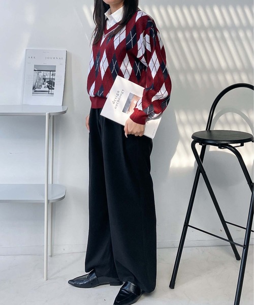 AS KNOW AS plus（アズノゥアズプラス）の「♪シャツドッキング Vネック アーガイル柄ニットプルオーバー（ニット/セーター・レディース・ブラウン系/レッド系/ネイビー系・FREE）」の14枚目の写真