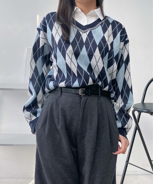 AS KNOW AS plus（アズノゥアズプラス）の「♪シャツドッキング Vネック アーガイル柄ニットプルオーバー（ニット/セーター・レディース・ブラウン系/レッド系/ネイビー系・FREE）」の18枚目の写真