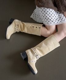 UNE MANSION | 【サイドボタンを閉めてロングに、開けて折り返して履ける２way仕様】5cmヒールスクエアトゥクロスベルトユニークブーツ(ブーツ)