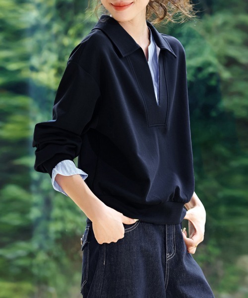 ONEP STAR（ワンピスター）の「レイヤード風スエットトップス（Tシャツ/カットソー・レディース・ネイビー・MEDIUM/LARGE/X-LARGE）」の5枚目の写真
