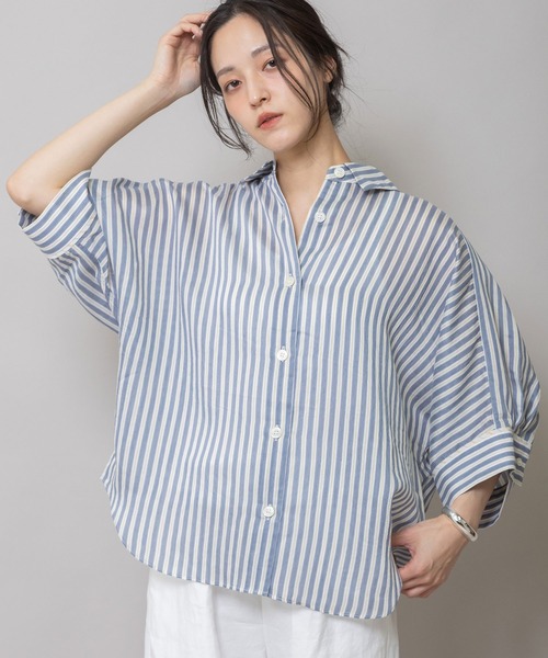 Munich（ミューニック）の「【Turkey】 ストライプハーフスリーブシャツ（シャツ/ブラウス・レディース・グリーン/ネイビー/レッド/サックスブルー・FREE）」の3枚目の写真