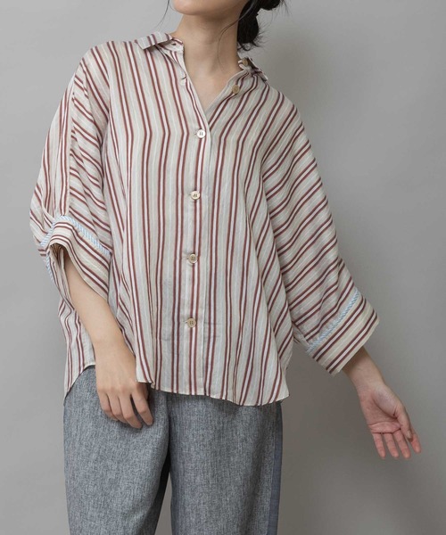 Munich（ミューニック）の「【Turkey】 ストライプハーフスリーブシャツ（シャツ/ブラウス・レディース・グリーン/ネイビー/レッド/サックスブルー・FREE）」の4枚目の写真