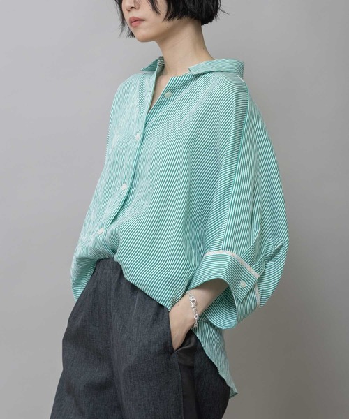 Munich（ミューニック）の「【Turkey】 ストライプハーフスリーブシャツ（シャツ/ブラウス・レディース・グリーン/ネイビー/レッド/サックスブルー・FREE）」の2枚目の写真