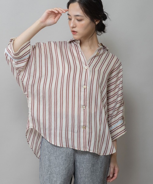 Munich（ミューニック）の「【Turkey】 ストライプハーフスリーブシャツ（シャツ/ブラウス・レディース・グリーン/ネイビー/レッド/サックスブルー・FREE）」の5枚目の写真